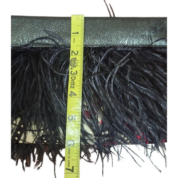 Black Leather Feather Clutch Bag Genuine Leather Evening Purse Boho Chic Handbag - Picture 13 of 15